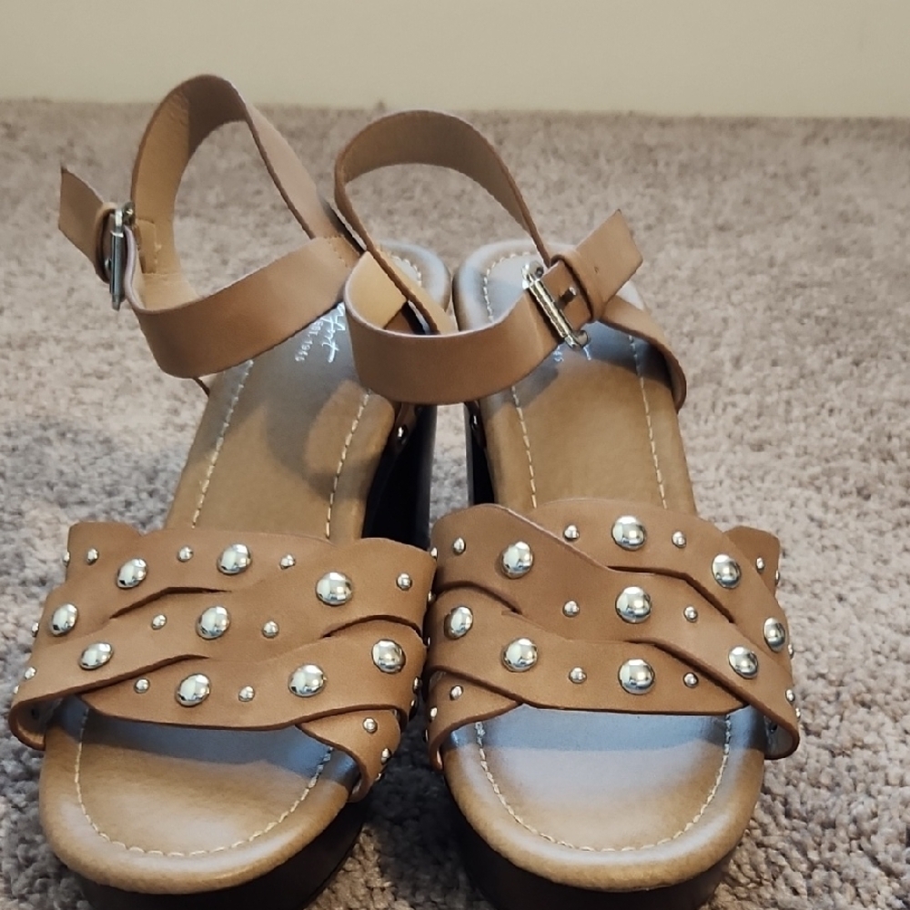 Brown Flat Sandals with Studded Straps and Ankle Buckle